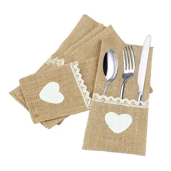 

Jute Hessian Burlap Linen Lace Cutlery Holder Vintage Birthday Wedding Party Christmas Decorations Tableware Pocket 10pcs/set