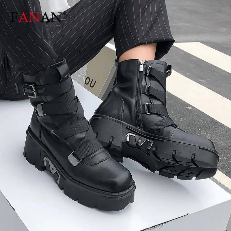

FANAN Platform Boots High Heels Women's Shoes Winter Genuine Leather Round toe Ankle Boots for Women Motorcycle female+shoes