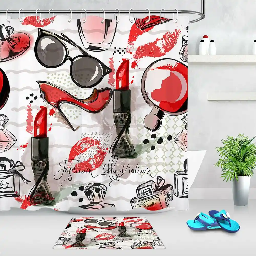 Fashion Makeup Shower Curtain For Female Bathroom Decor Cosmetic Lipstick Perfume Art Print Bathroom Accessories Sets Shower Curtains Aliexpress