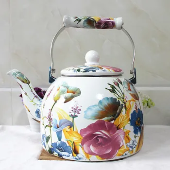 

Thick flat bottom large capacity 5L porcelain enamel water kettle teapot milk tea pot flower Japanese teakettle
