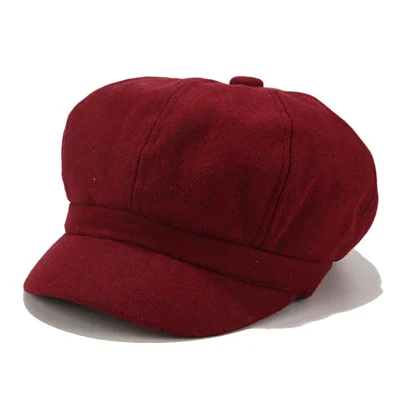 Wine Red Новая осенняя и зимняя восьмиугольная шляпа, женская шапка, английская шляпа, одноцветная шерстяная шапка, шапка художника, мужская шапка - Цвет: Wine Red