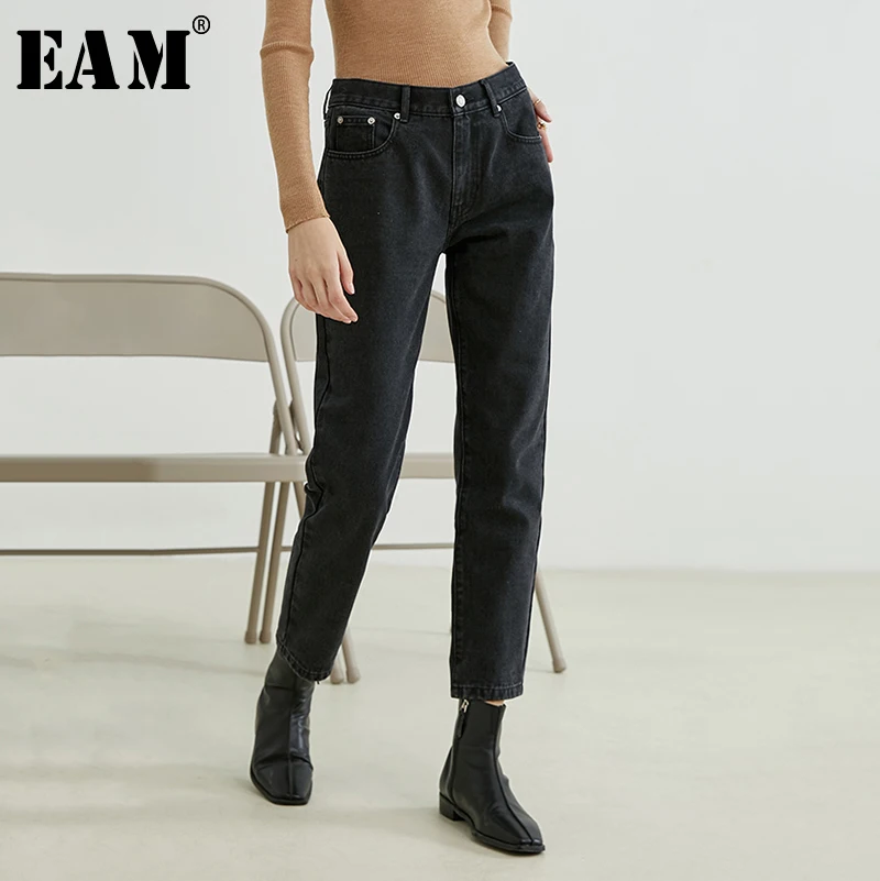 [EAM] простые черные брюки с карманами и высокой талией, новые свободные брюки длиной до щиколотки, женские модные весенне-осенние брюки 1B073