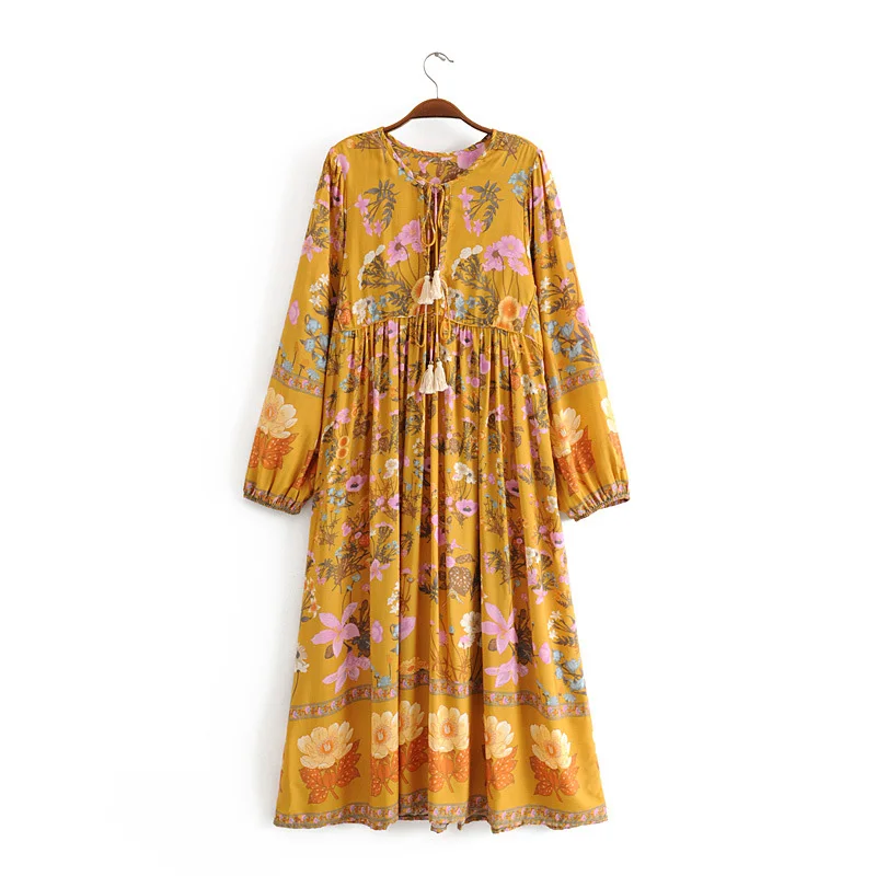 Богемное платье миди с цветочным принтом, Осеннее женское платье с длинным рукавом-фонариком, v-образным вырезом и кисточками, Свободное длинное платье, повседневное винтажное платье