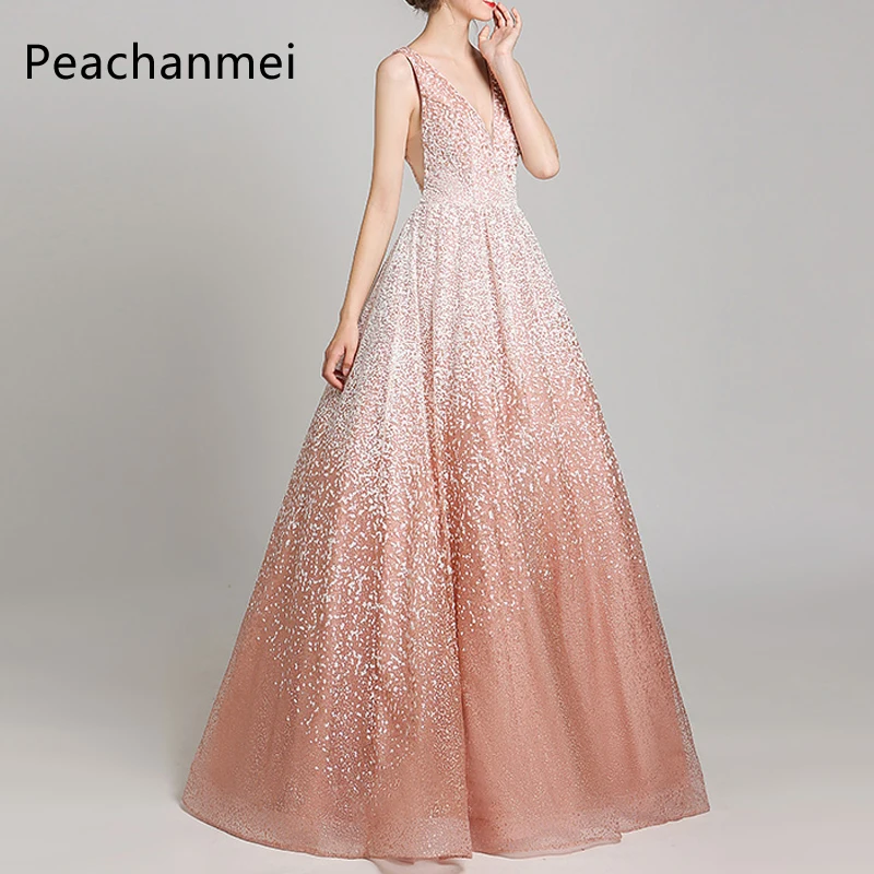 Розовый Vestido Longo Вечерние платья Длинные с бусинами Robe De Soiree без рукавов с открытой спиной V образным вырезом элегантные селфи-палка со штативом, Bluetooth - Цвет: Розовый