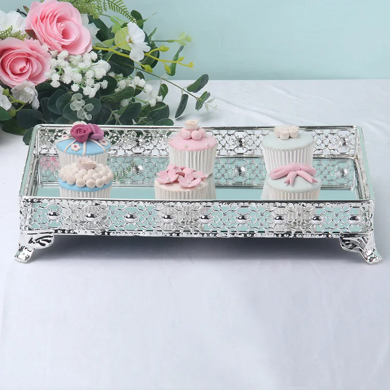 European silver plated rectangular cake plate hollow mirror snack plate wedding table decoration ornaments