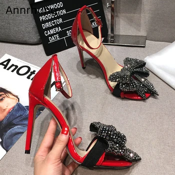 

Elastic Band Butterfly-knot Decor Sandals Women 10cm Thin High Heels Ankle Strap Cover Heels Rhinestone Bowknot Sandalias Mujer
