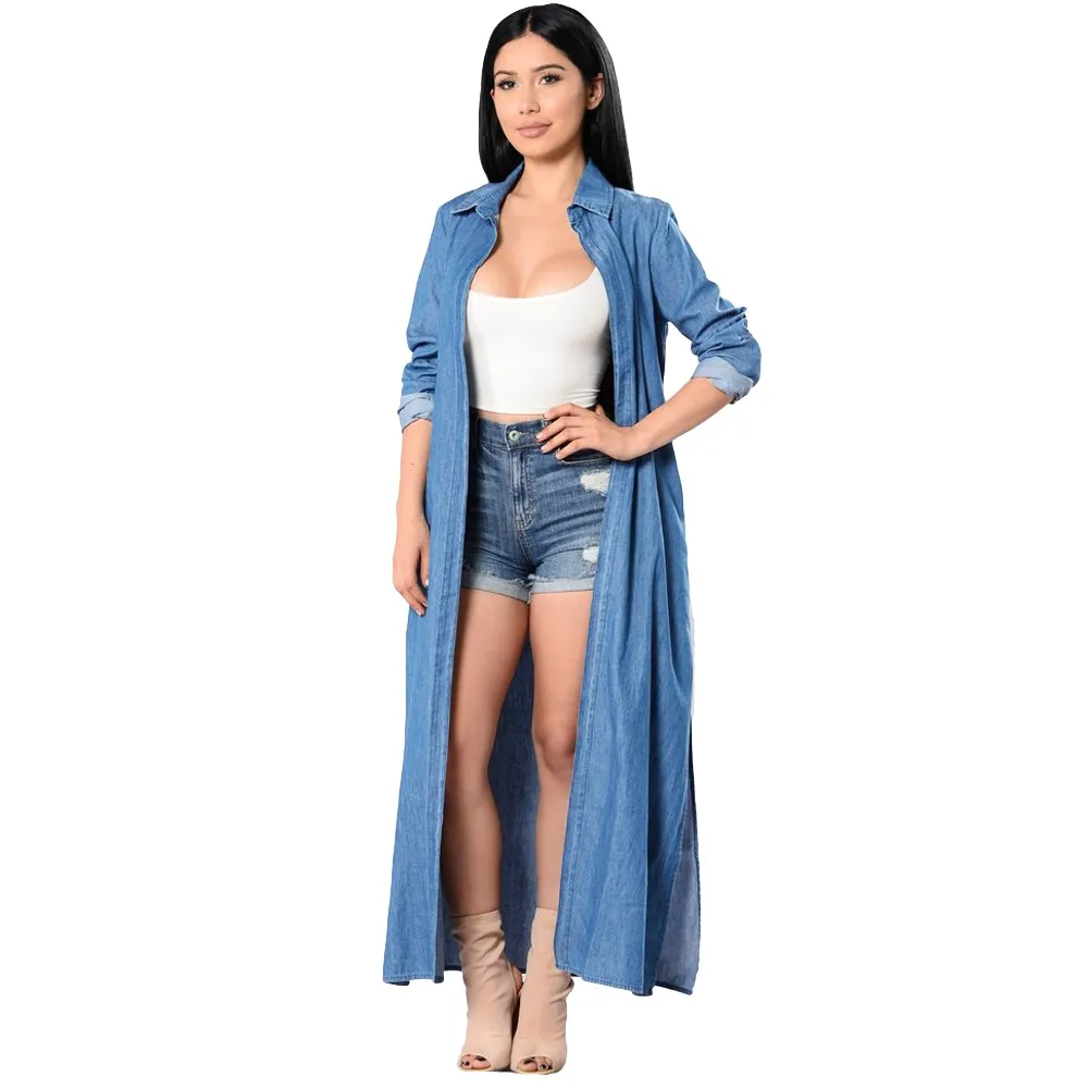 Женский джинсовый Тренч с открытым передним водопадом и длинным рукавом