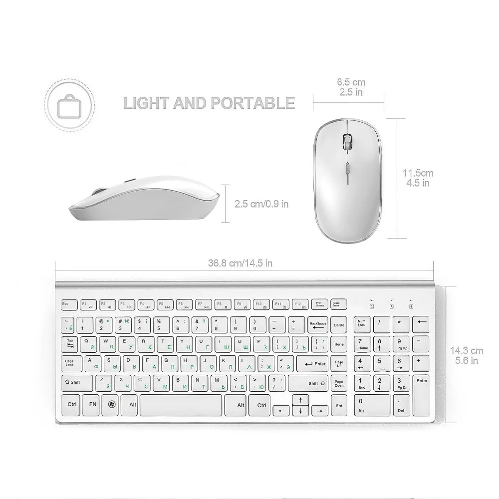 Teclado y ratón inalámbricos versión rusa, 2,4g, ergonomía, tamaño completo portátil, interfaz USB, blanco plateado de moda de alta gama - Imagen 3