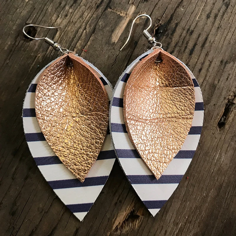 Double Layer Glitter Colorful Striped Teardrop Earrings Rose Gold Leather Blue And White Stripes Large Leaf Earrings Stock