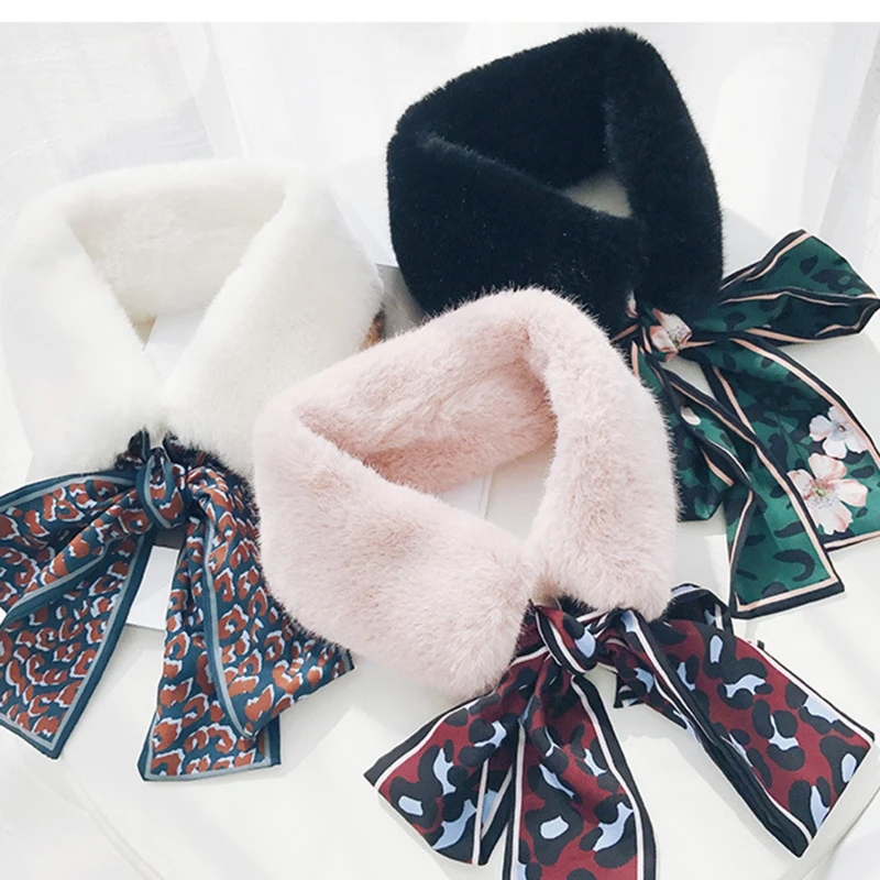 

Women Winter Fuzzy Plush Infinity Collar Scarf with Leopard Floral Print Ribbon Streamer Windproof Neckerchief Warmer