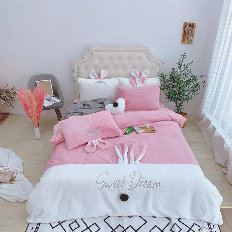 Новое зимнее теплое мягкое утепленное плюшевое постельное белье со стразами, бархатное стеганое постельное покрывало с кроличьими ушками, пододеяльник, комплекты# s