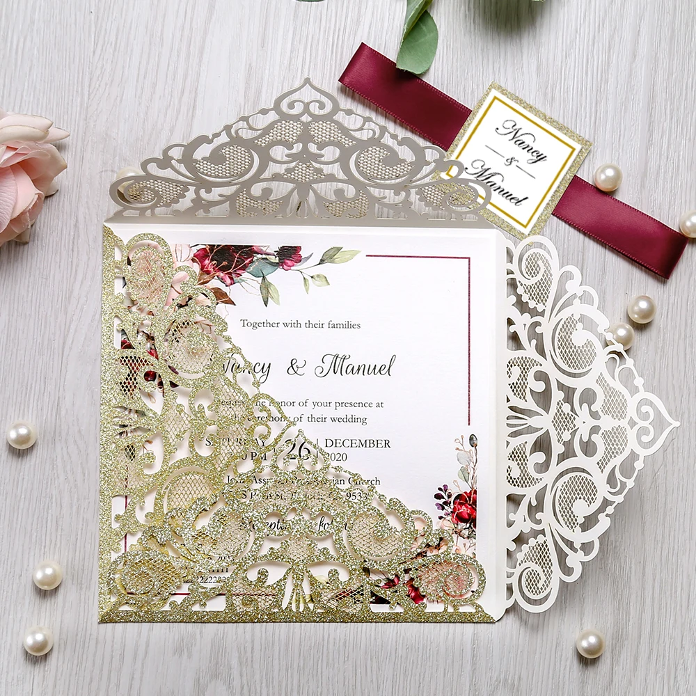  1pcs Burgundy Silver White Gold and Navy Blue Square Wedding Invitations with Gold Band - 4.00035E+12