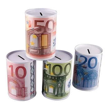

Creative Metal Tinplate Cylinder Piggy Bank Euro Dollar Picture Box Household Saving Money Box Home Storage Organizers Ornaments