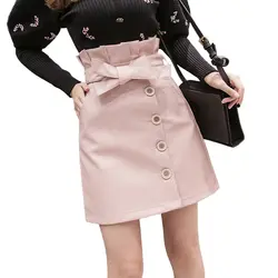 Женская юбка из искусственной кожи, гофрированная юбка с высокой талией, облегающая мини-юбка 2019, осенне-зимняя одежда, внешние кнопки