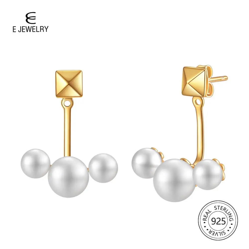 

E 925 Sterling Silver Stud Earrings Shell Pearl CZ Zirconia Ear Jackets Personality Trendy Three ways to wear Womens Jewelry