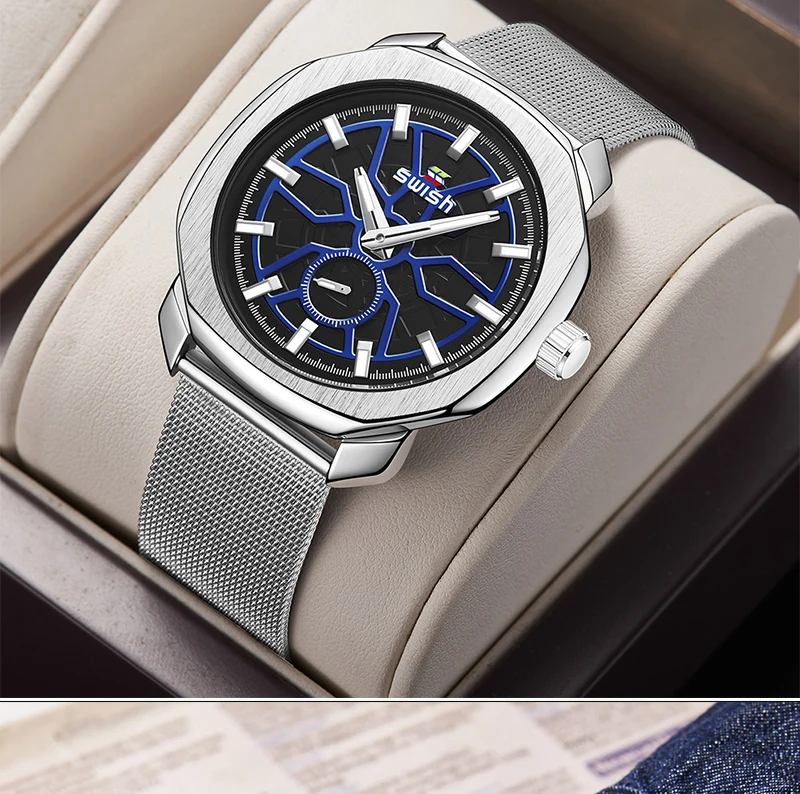 SWISH Brand Designer Quartz Watches Men Stainless Steel Dress Wristwatch 2021 New Fashion Milan Strap Small Second Dial Working