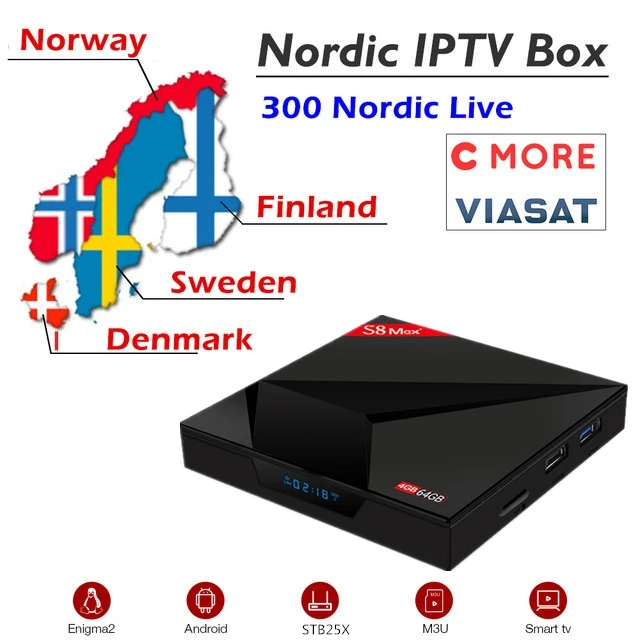 Скандинавский IPTV Box S8 MAX PLUS Smart tv box android 9,1 4 Гб 64 Гб Rockchip 3328 1 год скандинавские Европы IPTV WiFi медиаплеер BT 4,1