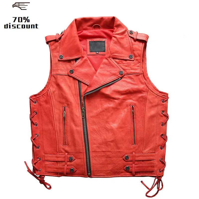 2020 Red Men American Motorcycle Leather Vest Plus Size Xxxl Genuine
