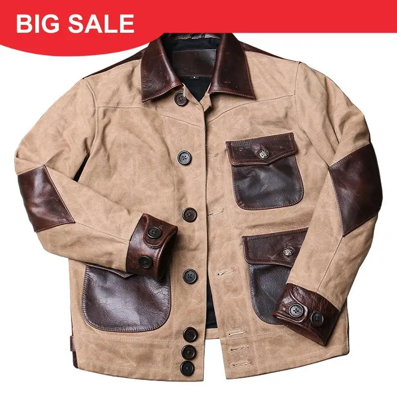 

2020 Light Brown American Casual Spliced Leather Jacket Large Size XXXL Genuine Cowhide Autumn Slim Fit Leather Coat