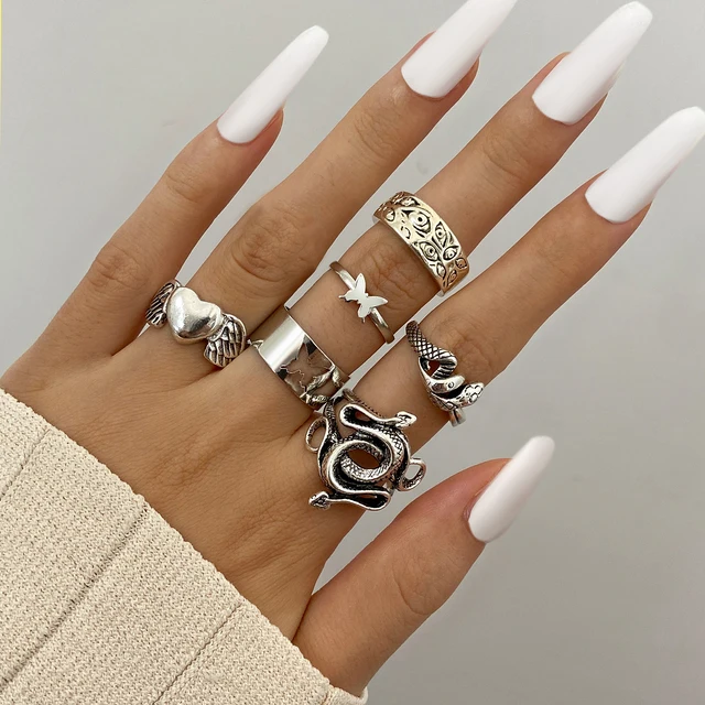 6Pcs Vintage Gothic Butterfly Angle Flower Multi Element Ring Set For Women Men Retro Personality Finger Ring Gifts LY8888