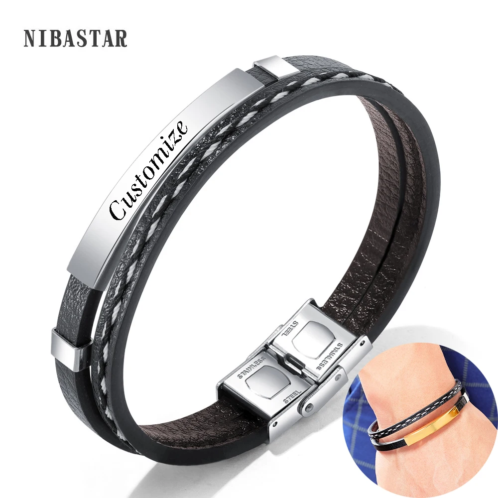 Multi Layer Leather Bracelets for Men Customizable Engraving Stainless Steel Casual Personalized Bangle