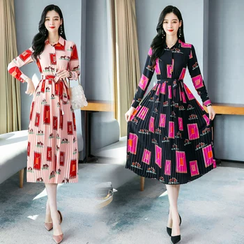 

Lapel Floral Print Casual Belted Dress Women Autumn Streetwear High Waist Multicolor Long Sleeve Short Dresses