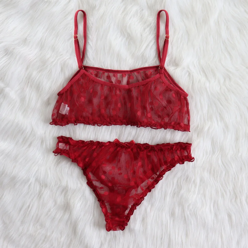 2pcs Transparent Sexy Intimates Set Polka Dot Decor Solid Sling Top Mesh Bra And Brief Erotic Apparel Sets women lingerie