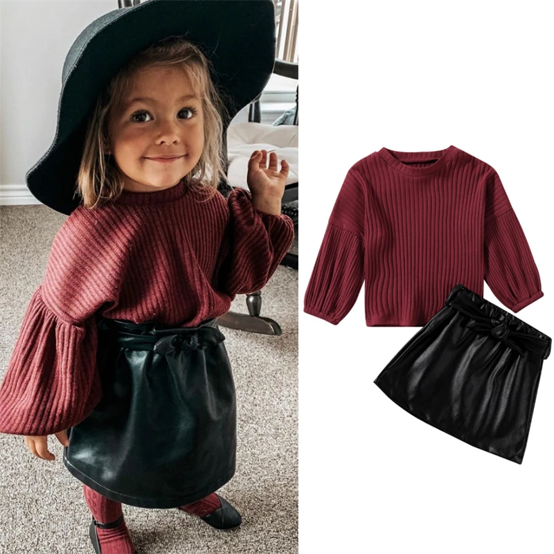 Toddler Baby Girl Skirt Set Puff Sleeve Knit Sweater Top & Pu Leather