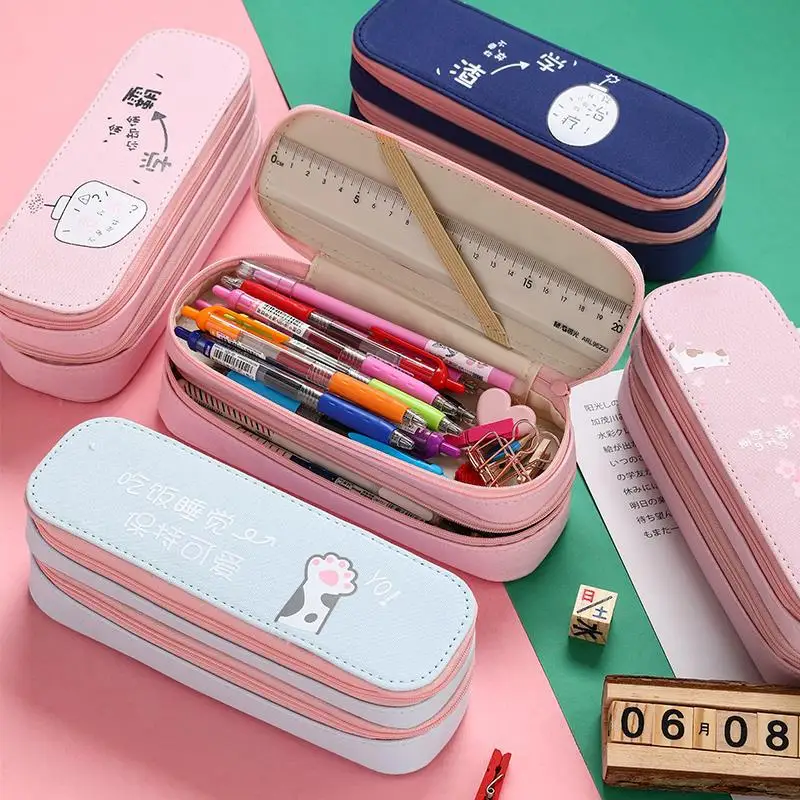 

Ins Multifunction Pencil Bag Kawaii Large Capacity Canvas Pencil Cases Double Layer Pen Case Student Stationery PU Pencil Box