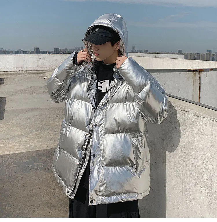 Cotton-padded Jacket New Style Men's Silver Bright Surface Hooded Cotton Coat Men's Popular Brand INS Northeast Cold Nation
