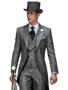 

new Grey Italian Mens Tailcoat Wedding Suits for Men Groomsmen Suits 3 pieces Groom Wedding Suits Peaked Lapel Men Suits