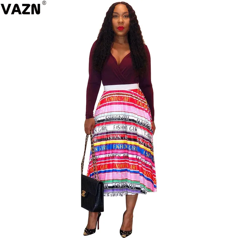 striped letter VAZN, последний стиль,, энергетические, сексуальные, свободные, по возрасту, модные, высокая талия, коса, дикий Джокер, женские плиссированные юбки макси - Цвет: striped letter
