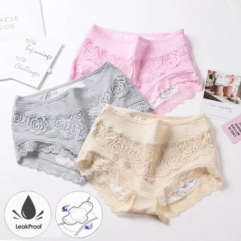 

Sexy Lace Menstrual Panties Breathable Cotton Physiological Period Leak Proof Underwear Women Plus Size Period Panties 5XL