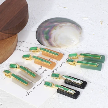 

New European and American jewelry light multicolor resin inlay Malachite pattern water drill long elegant ear clip girl earrings
