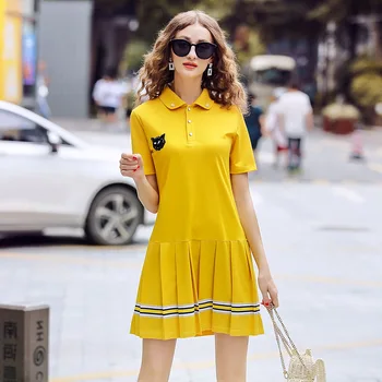 

Polo Dress 2020 New Fashion Casual Tshirt Summer Mini Pleated Dresses Women Cotton Elegant Ladies High Quality Party Vestidos