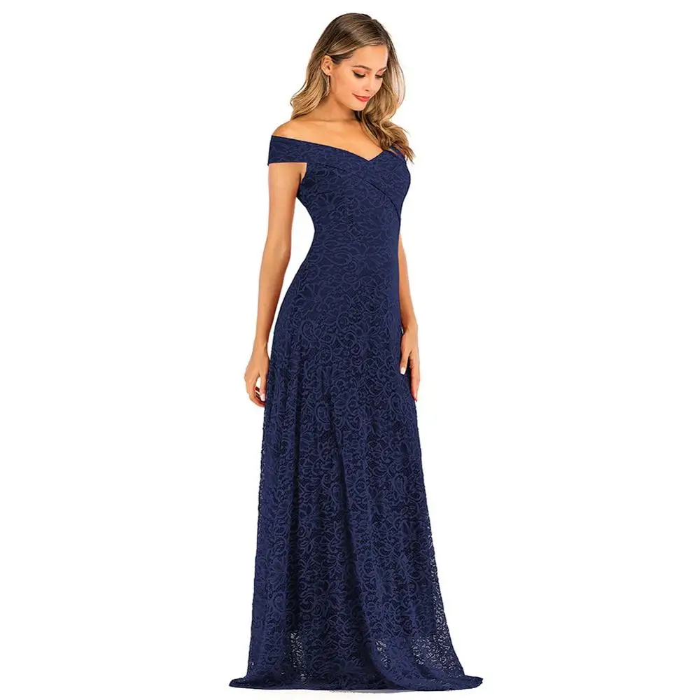 new lady off-shoulder lace sexy long dress women banquet elegant solid slim dress