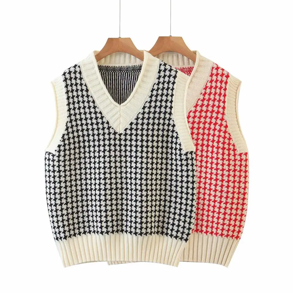 Женский свитер в клетку с v образным вырезом повседневный жилет консервативном