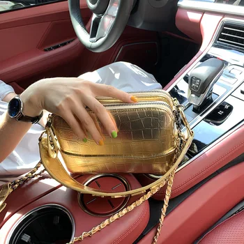 

Women's New High Quality Alligator PU Zip Shoulder Bag Mini Chain Flap Crossbody Bag Hobos Handbag Fashion Gold White