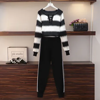 

New Autumn Women Knitted Tracksuit 2 Piece Set Lace-up Striped Pullovers Tops + Black Pants Two Piece Set Knit Sweatshirts Suit