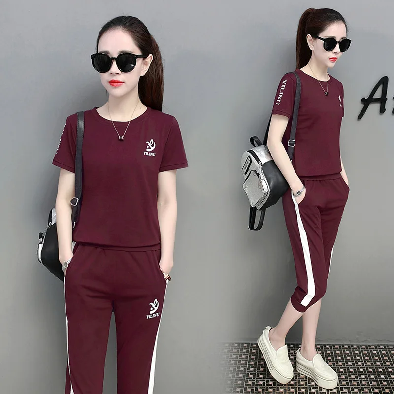 

Figure Rong Summer Short-sleeved Capri Pants Set M-4xl Korean-style Trendy Letters Printed Two-Piece Set