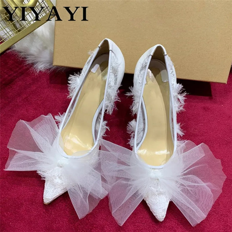 Mesh Butterfly-knot Thin High Heels Pumps Women Romantic Lace Fringe Chaussures Femme Party Wedding Single Shoes Woman White