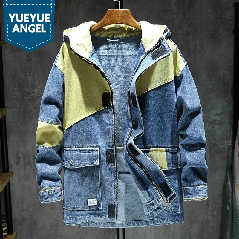 Куртка мужская джинсовая в стиле хип-хоп пэчворк винтажная вареная с капюшоном