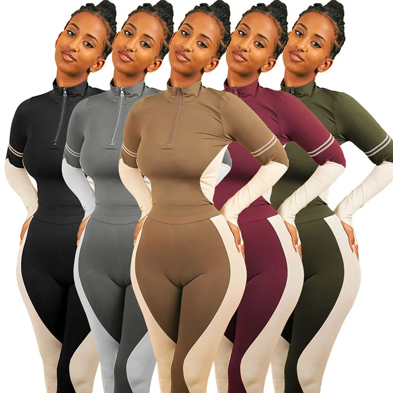 

Women Tracksuit Casual Sportswear Stitching Zipper Round Neck Top and Leggings 2-piece Set European and American Clothing