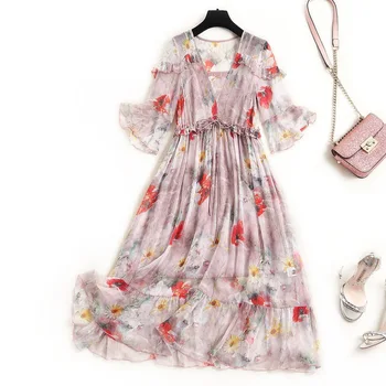 

High Quality Runway Dress 2020 Spring Summer Women V Neck Flare Sleeve Lace up Mid-Calf Length Silk Dress