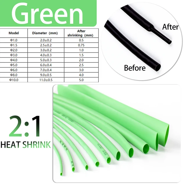5 Meter 2:1 Black Red Green Blue Yellow 1 2 3 5 6 8 10mm Diameter Heatshrink Tubing Tube Sleeving Wrap Wire DIY Connector Repair green