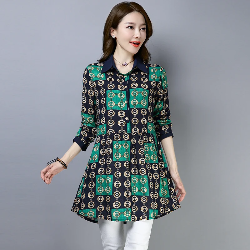 

#2958 Spring Autumn Print Long Shirt For Women Long Sleeves Red Green Linen Blouses For Ladies Vintage Casual Shirt Tunic Loose