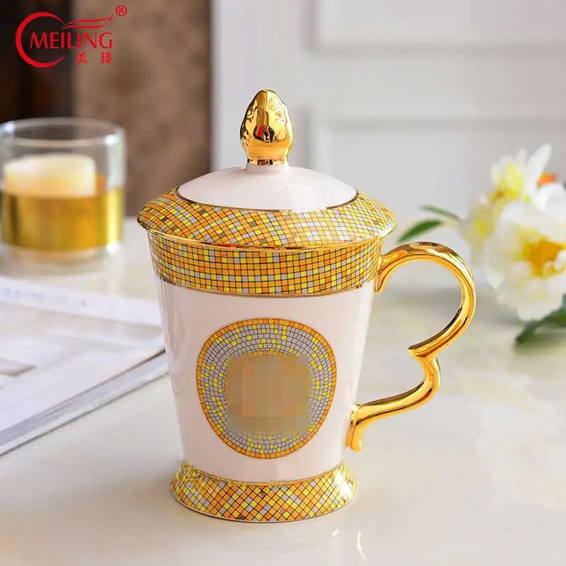 

Luxury Porcelain Tea Mug With Lid Gold Mosaic Horse Head Decor Ceramic Tea Mug and Cover Teacup Unique Boss Friends Father Gifts