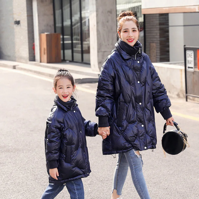 WLG family matching clothes mother and daughter down coats 90% white duck down long style yellow dark blue down coat