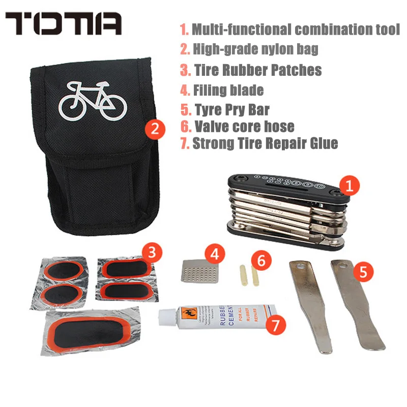 Bike Tire repair kit Набор инструментов для ремонта велосипедных шин, Набор сумок, резиновый пластырь, мультиинструмент для езды на велосипеде, складной шестигранный ключ, портативное оборудование для езды - Цвет: Bike Tire repair kit
