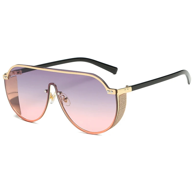 Стимпанк Солнцезащитные очки Мужские градиентные негабаритные цельные солнцезащитные очки топ женские солнцезащитные очки металлическая оправа для очков женские очки - Цвет линз: GoldPurplePink